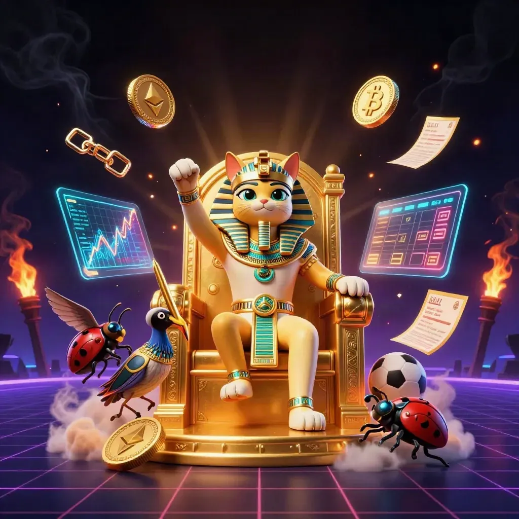 Gato faraó 3D dourado no trono, com escriba íbis, escaravelhos e moedas neon ao redor.