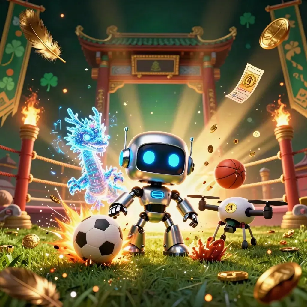 Robô cyberpunk, dragão holográfico e drone de moeda com bolas, moedas e luz dourada.