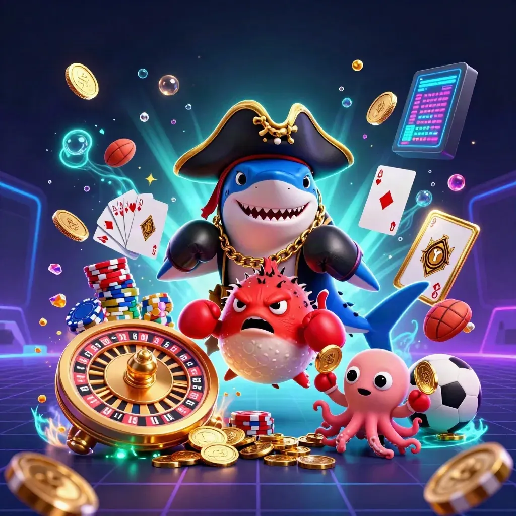 Pirata tubarão, baiacu e polvo em ação, com moedas, cartas e roleta em cenário neon de cassino.