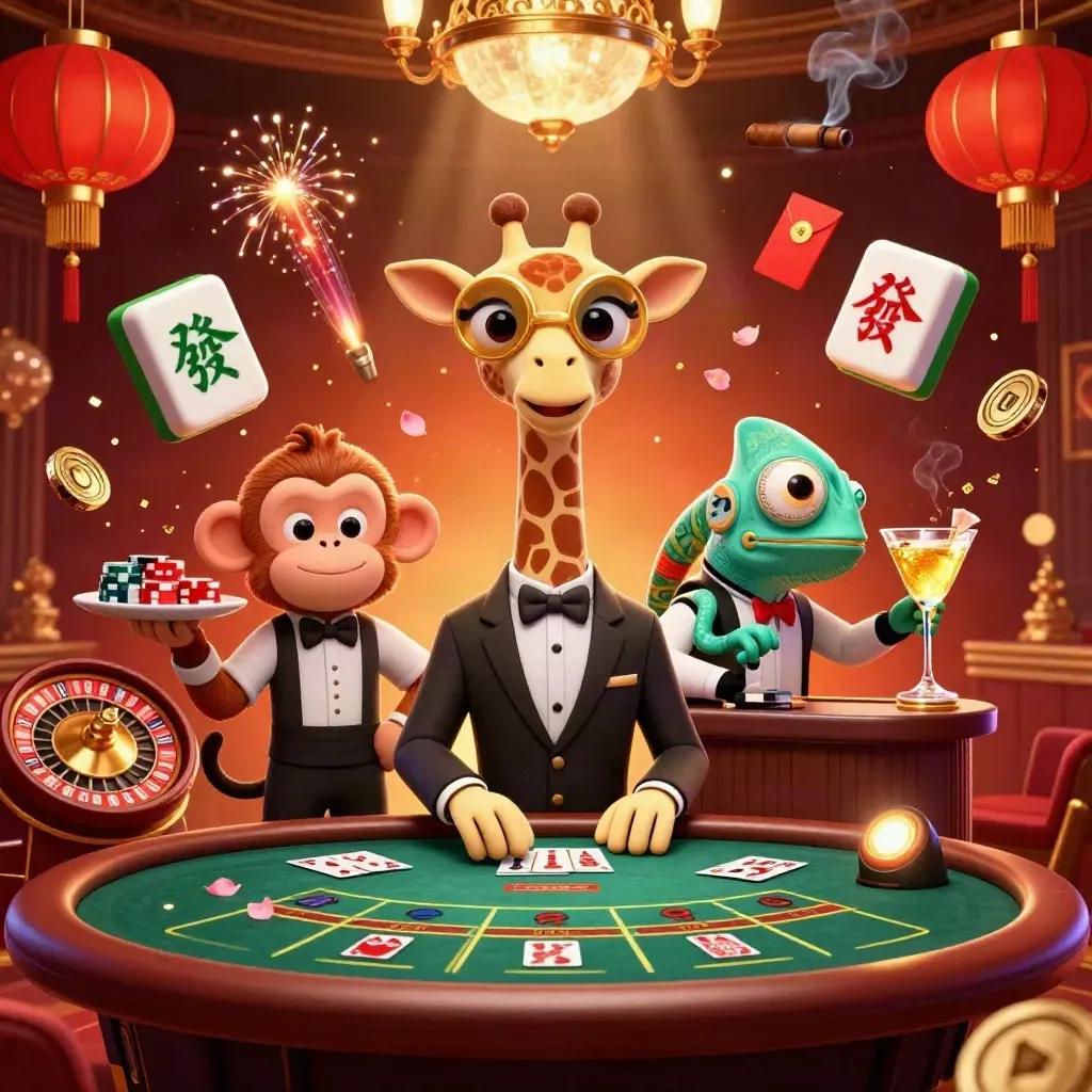 Girafa, macaco e camaleão em cassino luxuoso com luz dourada e fichas brilhantes