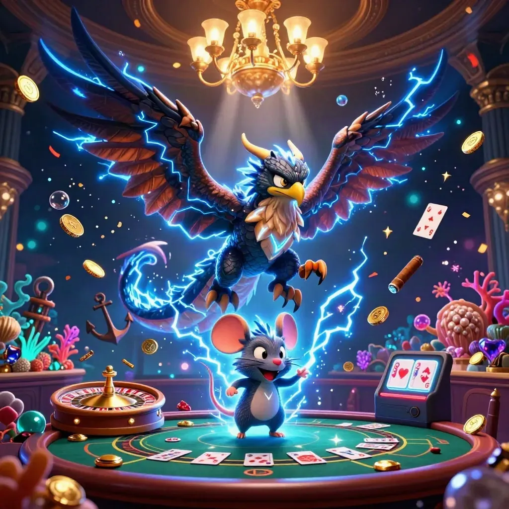 Dragão elétrico, falcão e rato em cassino luxuoso com tesouro submarino e luz neon.