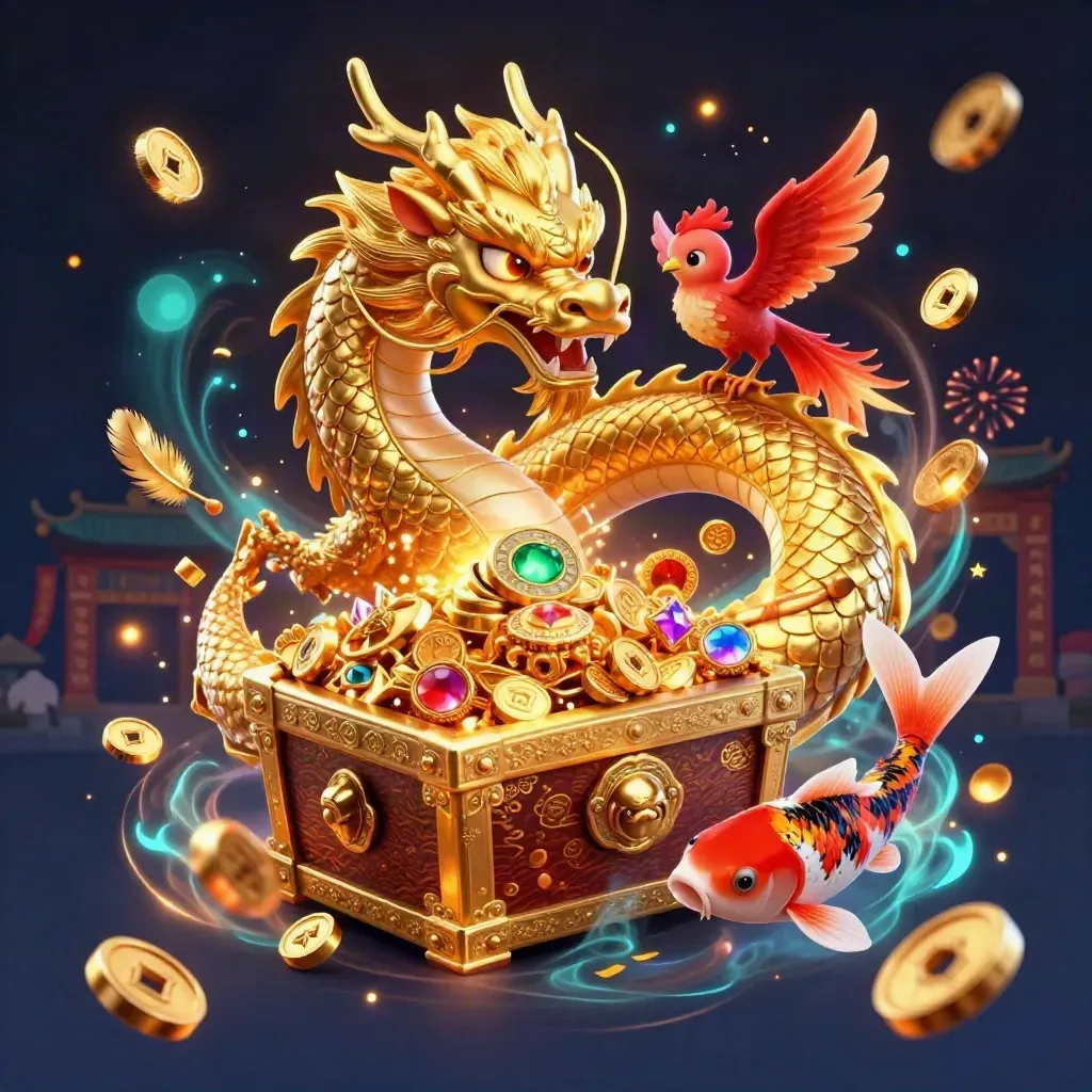 Dragão chinês dourado com fênix, koi, tesouro e explosões neon em templo