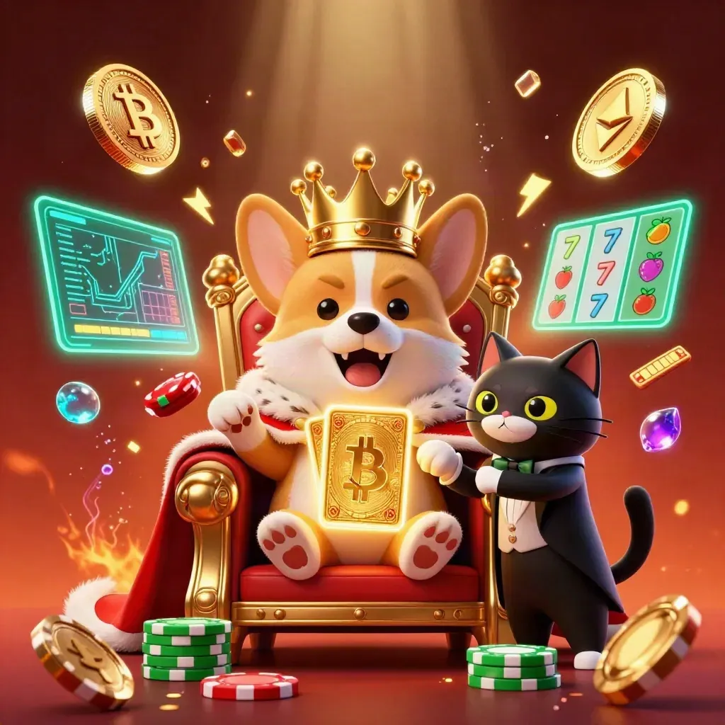 Corgi real em trono de fichas com gato mordomo, moedas cripto e brilho neon.