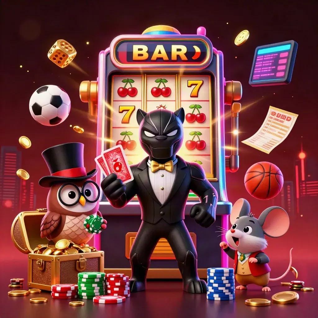 Pantera, coruja e rato celebrando jackpot com caça-níquel, ouro e esportes em clima luxuoso.