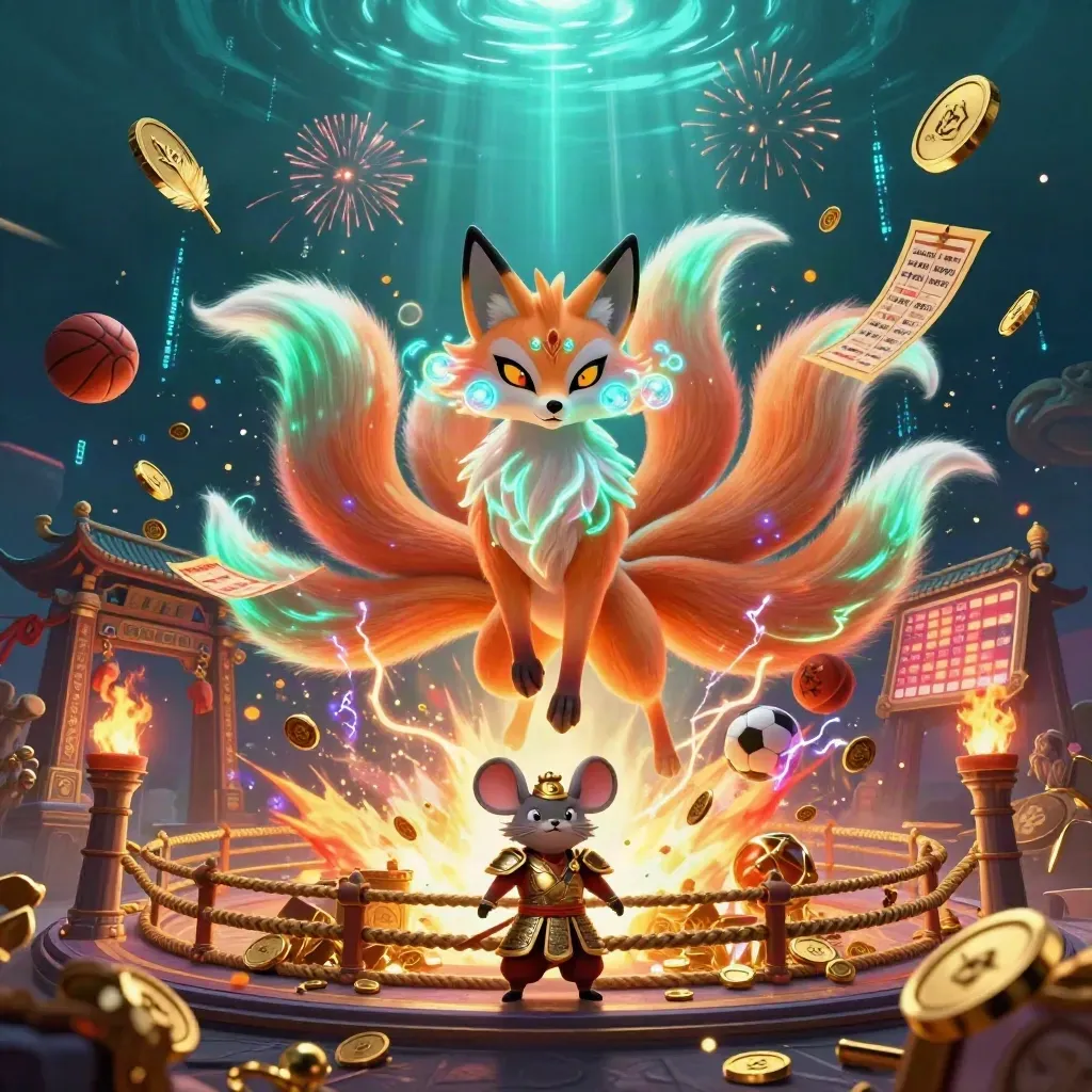 Raposa espiritual de nove caudas com rato samurai, moedas, faíscas e energia neon.