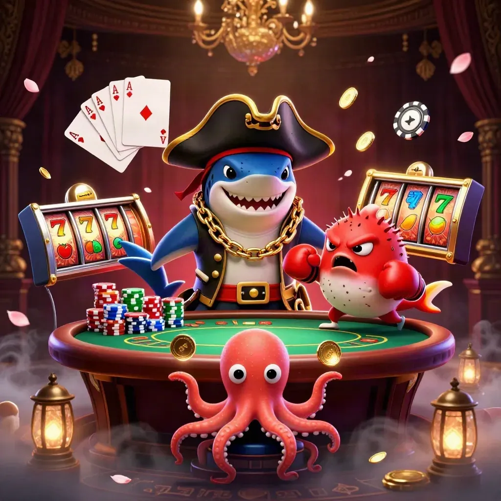 Shark pirata, baiacu e polvo jogando pôquer com fichas, cartas e brilho luxuoso.